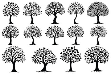 Black silhouette trees with heart shaped leaves and swirls