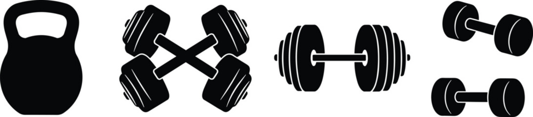 Silhouette illustration of gym fitness equipment including kettlebell, dumbbells, and barbell weights, workout training icons for exercise, bodybuilding, and strength training design