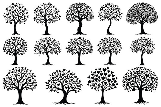 Black silhouette trees with heart shaped leaves and swirls