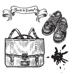 Retro style backpack (school bag, randoseru Japanese) boots and ink stain, set with banner back to school, doodle black ink drawing, woodcut style