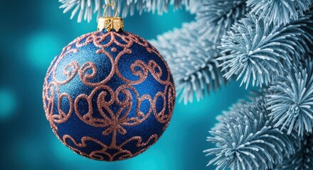 Sparkling blue Christmas ornament with rose gold glitter patterns on a frosted pine branch, festive holiday background