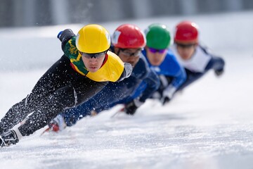 Speed skaters competing in a short track event on ice