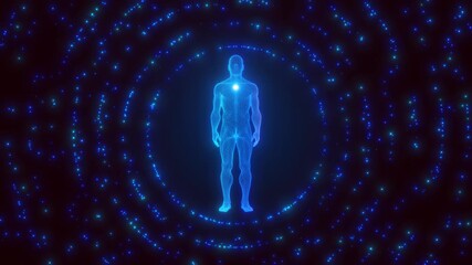 Futuristic Digital Human Wireframe On Glowing Tech Platform Ai, Metaverse, And Virtual Reality Concept. Futuristic Wireframe Human Hologram On Digital Tech Platform Ai, Virtual Reality  Medical Innova - Powered by Adobe