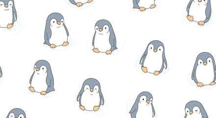 Obraz premium Cute cartoon baby penguins in a seamless pattern, sitting on a white background with subtle ice details, perfect for kids' designs and winter themes.
