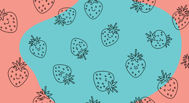 Seamless pattern with cute smiling outline strawberries, set against a cheerful two-tone background of wavy teal and coral sections.