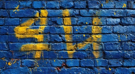 Close-up of a deep-blue brick wall with yellow graffiti