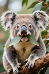 Fototapeta premium Koala holding eucalyptus leaves while sitting on a tree branch 
