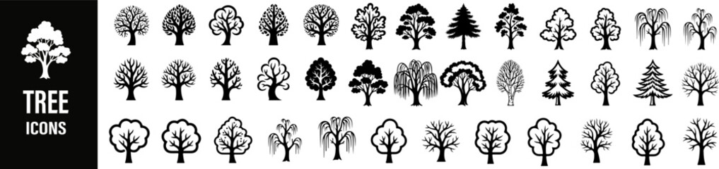 Tree bundle set featuring a collection of diverse tree designs in various styles — perfect for nature, forest, landscape, and eco-themed projects. Ideal for vector artwork, digital illustrations.