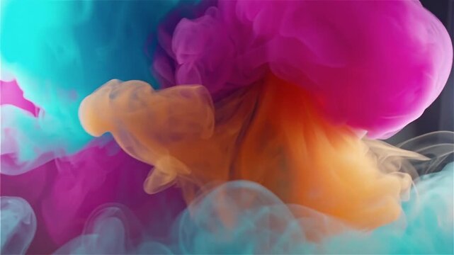 Vibrant multicolored ink clouds swirling and mixing in water creating abstract fluid motion patterns in cyan magenta orange and purple hues