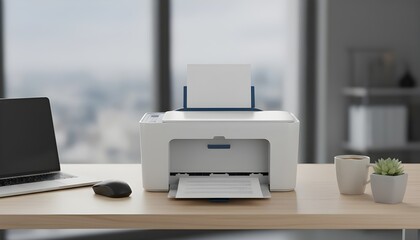 Modern home office setup with printer, laptop, and mouse on desk