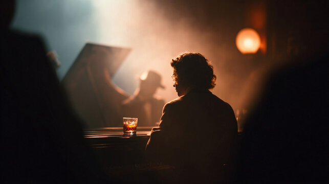 Atmospheric bar scene.  Man sits at a bar with a drink.  Mystery, noir, contemplative mood. Could illustrate loneliness, intrigue, or reflection. Dramatic lighting.