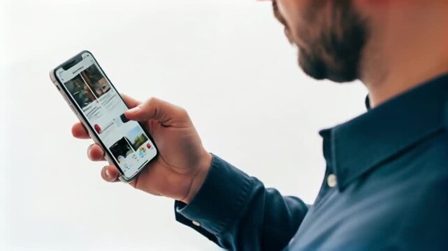 Bearded Man Watches Video on Modern Smartphone
