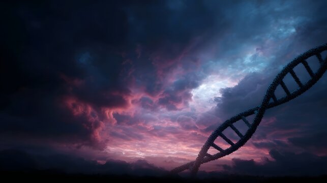 A dramatic DNA double helix against a stormy dusk sky with purple and pink clouds