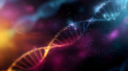 A vibrant luminous DNA double helix symbolizing scientific discovery and the future of life against a cosmic bokeh filled background