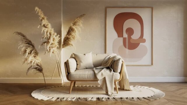 Warm beige boho interior with cozy chair pampas decor and wall frame background. 3D Illustration