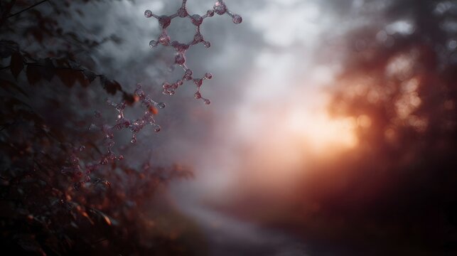 Abstract molecular structures floating in a misty atmospheric natural environment at sunrise or sunset