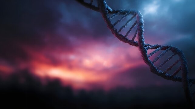 A luminous DNA double helix structure against a dramatic colorful dawn sky