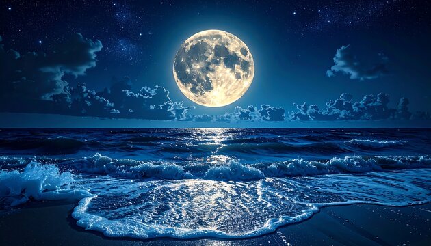 Scenic night seascape with a radiant full moon over the ocean waves