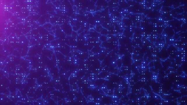 Futuristic Digital Network Background With Glowing Blue Pixels And Connecting Lines On A Purple Gradient  Tech Data Flow Loop, Abstract Digital Network Background With Glowing Blue Pixels And 