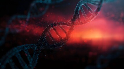 Abstract 3D DNA helix molecular structure rendered with dramatic red and blue lighting against a dark atmospheric background