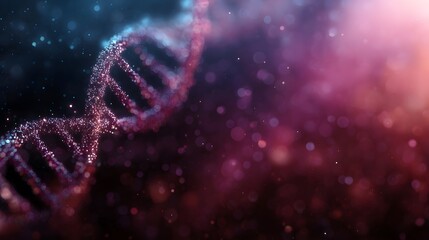 Abstract glowing DNA helix molecule formed by digital particles against a blurred bokeh background