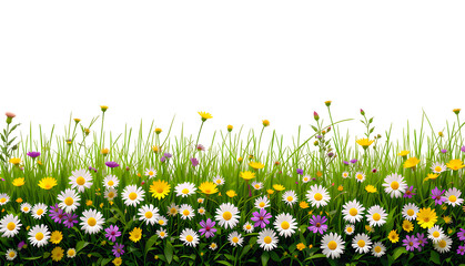 Lush meadow grass border with wildflowers isolated on transparent background