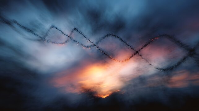 Abstract DNA helix formed from smoke trails against a dramatic twilight sky with sunset hues