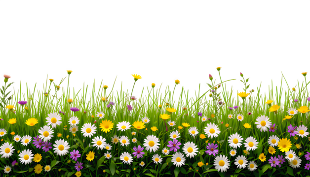 Lush meadow grass border with wildflowers isolated on transparent background