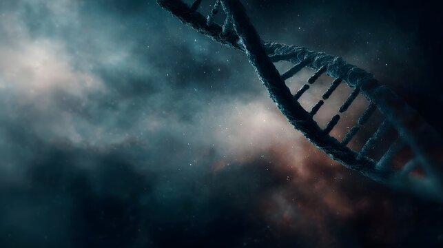 A detailed 3D render of a DNA double helix molecule floating in a cosmic nebula background