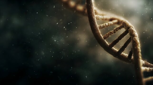 A textured golden DNA double helix with floating particles in dark moody lighting representing genetic science - Powered by Adobe