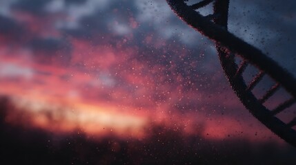 3D DNA double helix against a vibrant sunset sky with glowing particles and atmospheric light