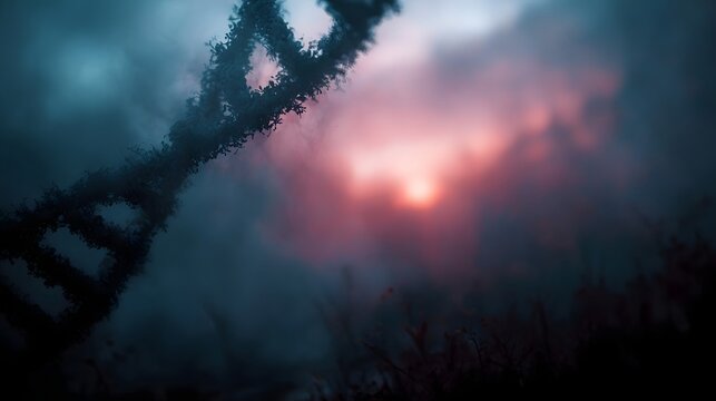A double helix DNA molecule shrouded in atmospheric mist at twilight with a glowing sunset