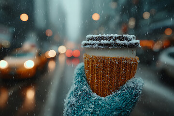 A gloved hand holding a coffee cup with a knitted sleeve in a snowy city street background view scene