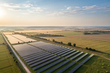 Aerial View of Solar Farm Generating Energy Outdoors