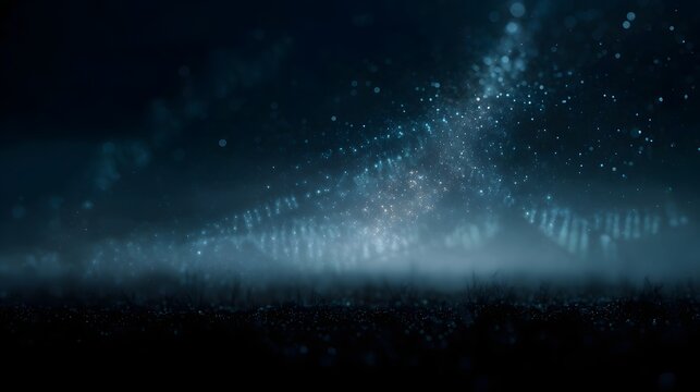 Abstract glowing DNA strands and luminous particles in a dark misty atmosphere