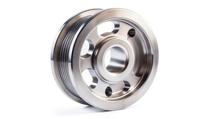 Shiny Aluminum Pulley Wheel Isolated Against White Backdrop