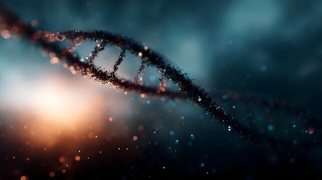 A luminous abstract double helix structure composed of glowing particles against a dark bokeh filled background