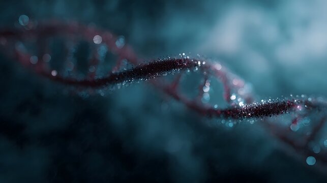 Abstract visualization of a DNA double helix with sparkling particles against a dark blurred background