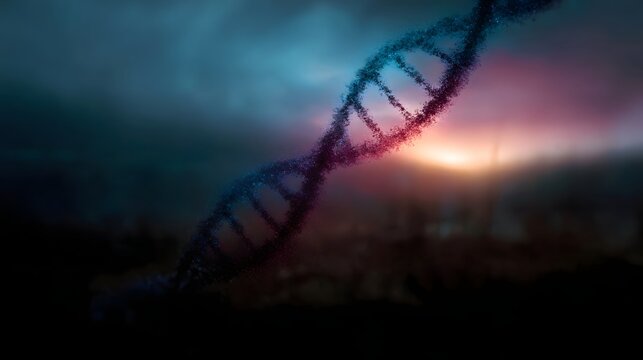A glowing abstract DNA double helix structure against a dramatic twilight sky symbolizing science and life