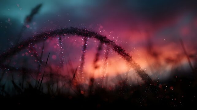 A glowing DNA helix structure emerges from dark grass against a vibrant twilight sky with colorful bokeh lights