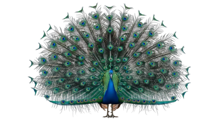 A majestic peacock displays its vibrant iridescent feathers in full glory against a clean white background.