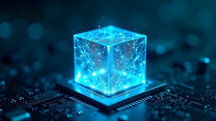 Futuristic blockchain data cube glowing on digital circuit board, representing technology innovation, artificial intelligence, quantum computing, and advanced network communication concept