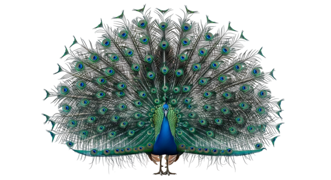 A majestic peacock displays its vibrant iridescent feathers in full glory against a clean white background.