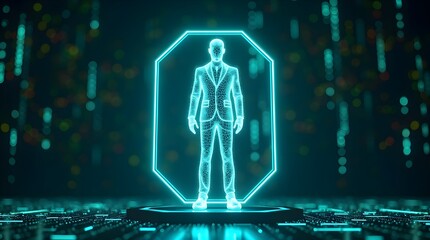 Fototapeta premium Futuristic digital human hologram standing on virtual platform, representing artificial intelligence, data technology, virtual identity, innovation, and advanced cyber network concept