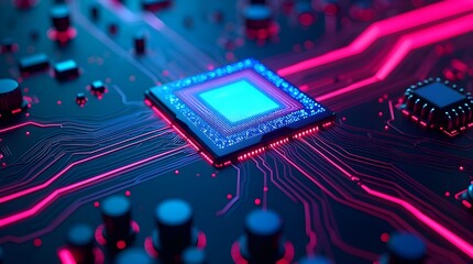 Futuristic glowing microchip on advanced circuit board with red and blue neon lines, symbolizing digital technology, data processing, artificial intelligence, and innovation in electronics