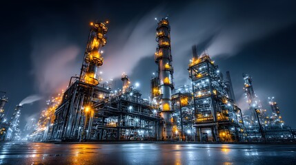 Modern chemical plant is illuminated spectacularly at night. Towering steel structures glow under powerful floodlights against a deep indigo night sky.