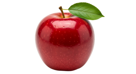 A single fresh red apple with a green leaf isolated.