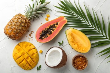 Assortment of vibrant tropical fruits arranged on white surface