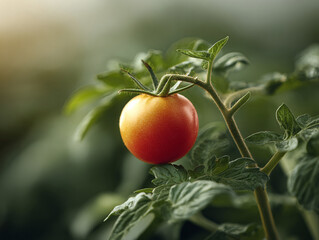 Closeup showcasing a vibrant tomato ripening on the vine. Symbolizes growth, freshness, organic farming, and healthy eating. Ideal for food blogs, agricultural websites, or nutrition materials.