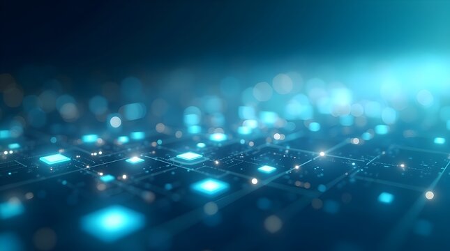 Futuristic digital technology background with glowing blue squares and grid pattern representing data flow, network communication, innovation, artificial intelligence, and virtual computing